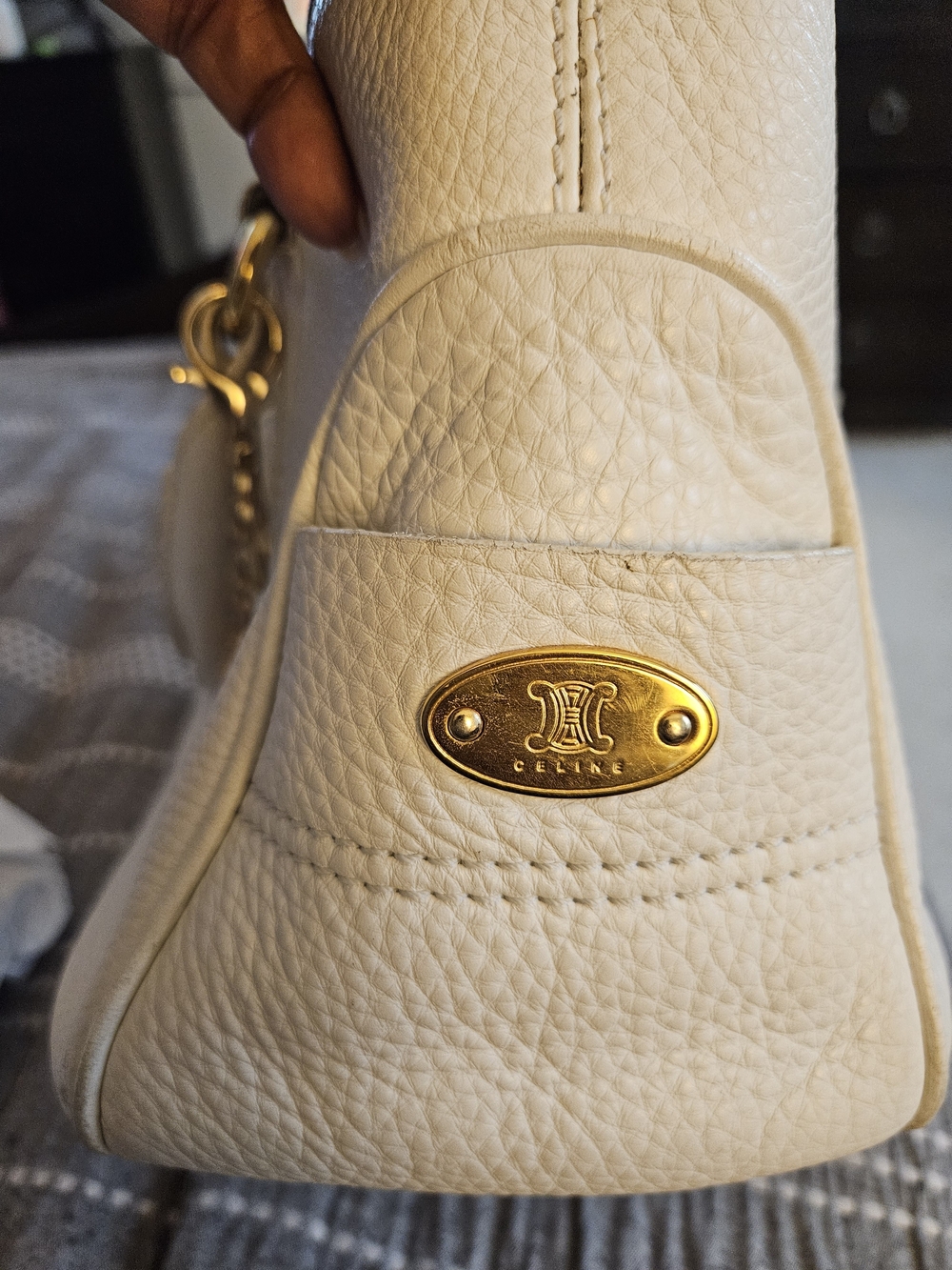 Celine Cream Leather Shoulder Bag with Gold Logo Plaque
